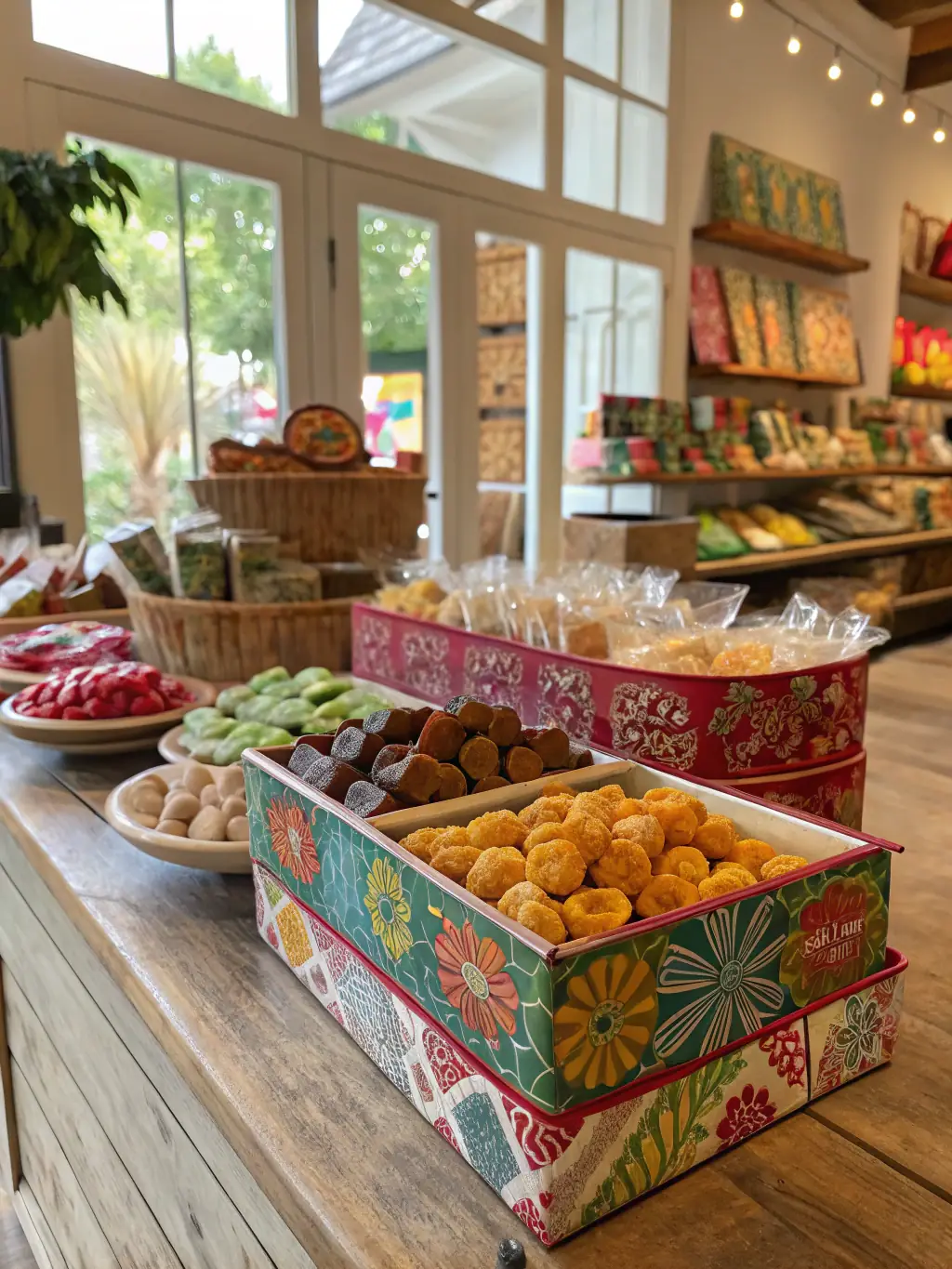 A collage of various snacks from around the world, showcasing the diversity and excitement of the AMPM snack selection.