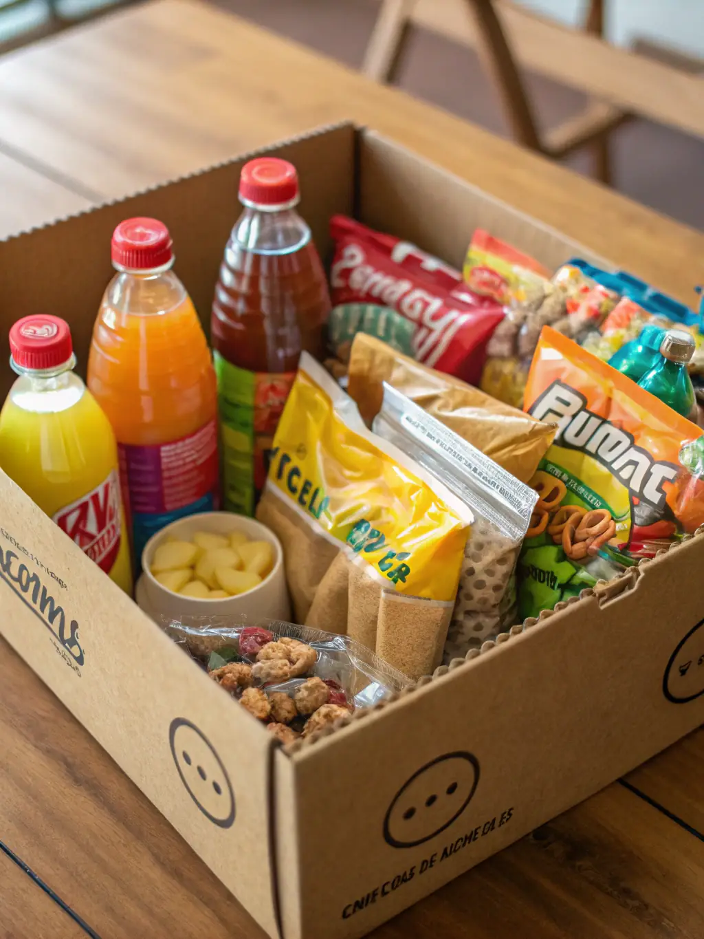 A vibrant image showcasing a customer excitedly opening a box filled with various snacks, emphasizing the joy of receiving a curated snack box.